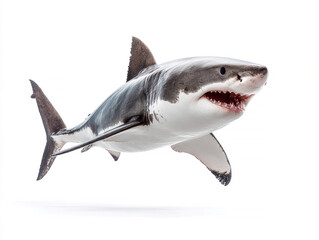 Close-up of a swimming Great White Shark against white background, dynamic movement, grey to white coloration, off-center positioning, no discernible eyes or features - AI-Generated