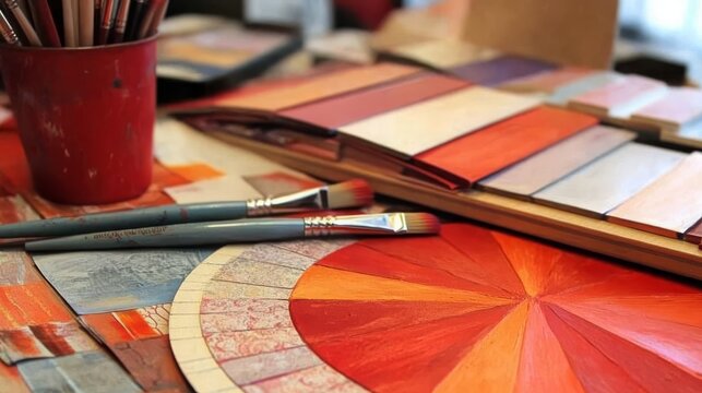 Color wheel on a painterâ€™s work table, with project details and paintbrushes.