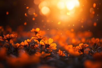 Golden sunset over vibrant orange flowers in field.