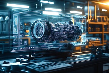 Obraz premium Futuristic transparent display showing rotating engine in augmented reality engineering laboratory
