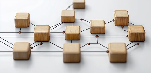 Close-up view of wooden blocks connected by black lines and small brown spheres representing a network or workflow on a white surface, symbolizing structure and connection