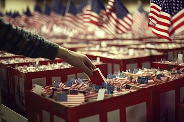 Volunteer putting small american flags in boxes for upcoming event