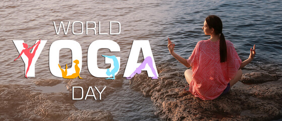 Young woman meditating near river