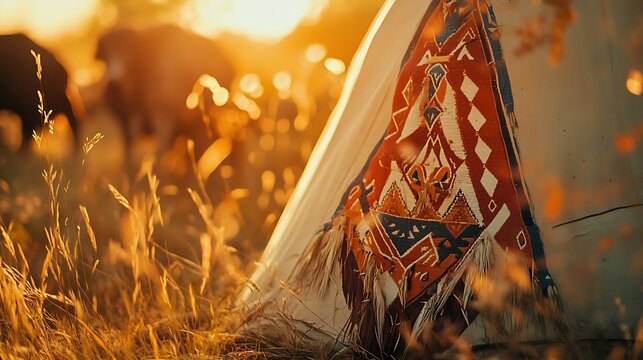 Golden hour view of a patterned teepee in tall grass. - Powered by Adobe