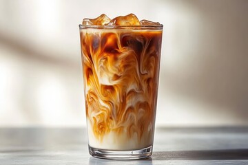 Close-up of glass filled with iced coffee swirling with cream on a smooth surface with soft natural light