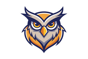 Majestic stylized owl head with yellow eyes stares intensely on white background
