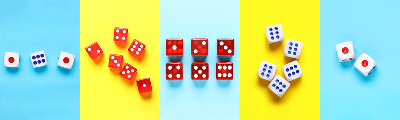Set of many dices on color background, top view
