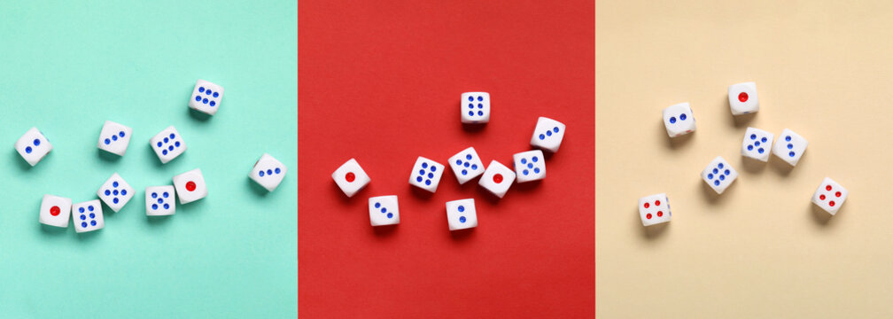 Set of many dices on color background, top view