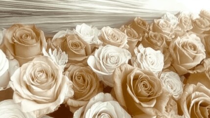Obraz premium Floral background of light brown and white roses, ideal for greeting cards and nature concepts. 