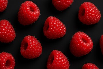 Fresh raspberries on black background pattern. 