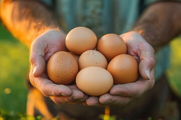Close-up of hands holding six brown eggs in a natural outdoor setting with warm sunlight highlighting the texture of the eggs and hands