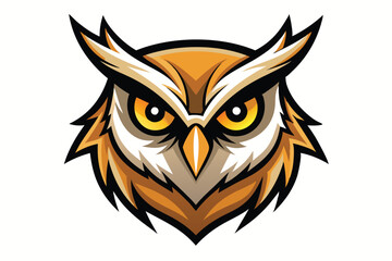 Illustrated orange owl head with bright yellow eyes stares intensely from the graphic