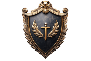 Decorative shield featuring sword and laurel design, suitable for heraldic use in crest creation or emblem development for medieval-themed artwork or gaming projects