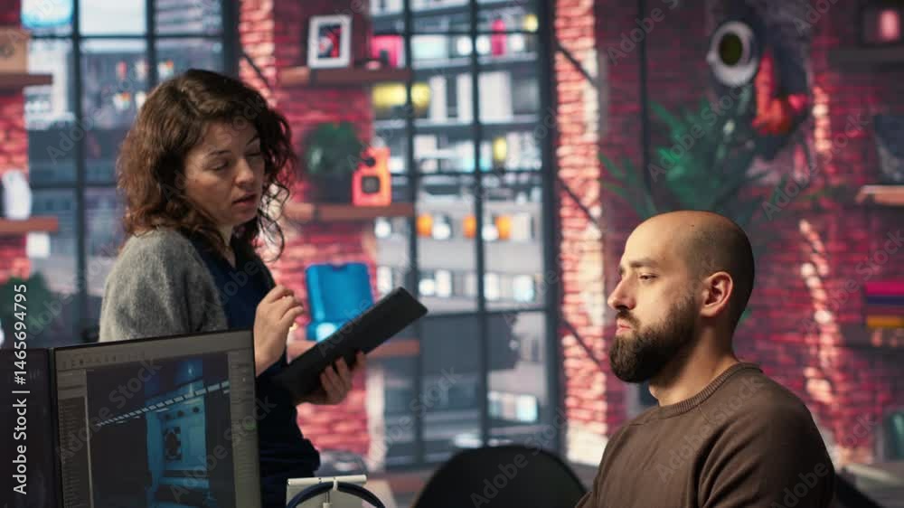 Fototapete Game developer creates Mars based virtual station using AI tools. Futuristic program processes data with deep learning and automation to optimize game design and development. Camera B.