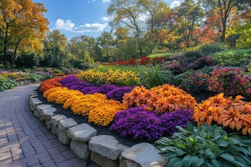 Vibrant Campus Gardens Showcasing Colorful Flowers and Lush Greenery During a Sunny Day