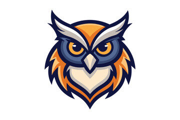 Illustrated owl head features striking blue and orange plumage with piercing golden eyes