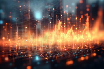 Abstract digital data visualization with glowing orange and blue vertical lines and points creating dynamic futuristic cityscape effect