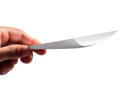 Hand holding a flat, white paper object against a transparent background in a simple design suitable for various creative projects