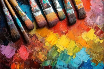 Fototapeta premium Close-up of various paintbrushes resting on a textured palette with thick, vibrant oil paint strokes in a rainbow spectrum of colors