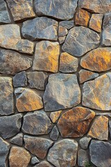 Close-up of an irregular stone wall with rough textured, multi-shaped, and multi-colored stones with warm sunlight casting shadows