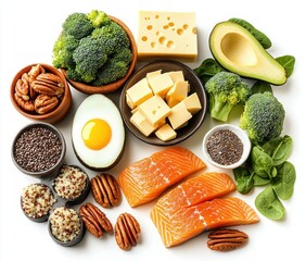 Assortment of healthy foods including broccoli, avocado, salmon fillets, pecans, flaxseeds, spinach, cubed and block cheese, cooked quinoa, and an egg, arranged on a white background