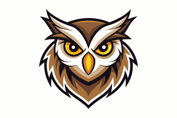 Stylized owl head with yellow eyes and brown plumage presents a modern mascot