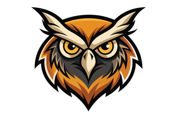 Isolated owl head features orange and beige feathers with intense golden eyes