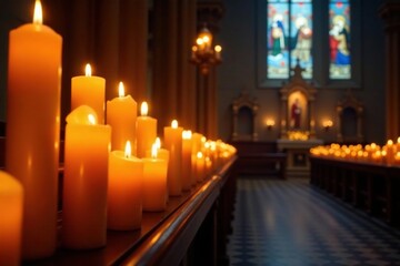 Numerous candles burning brightly in a church, fire, glowing, devotion