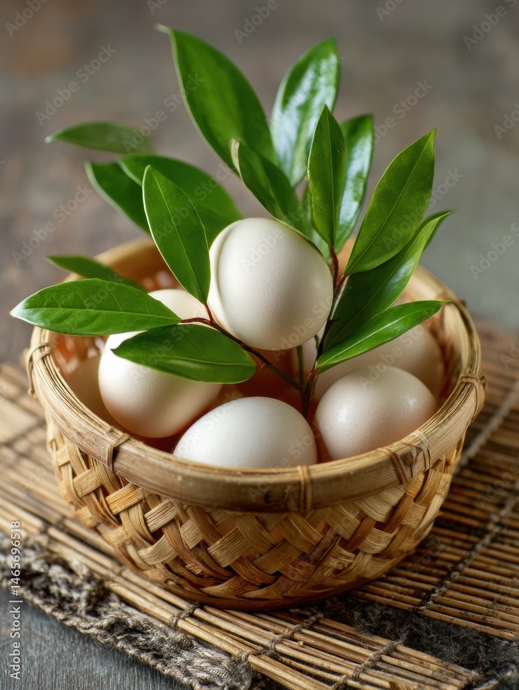 Poster raw eggs nestled in a bamboo basket surrounded by green leaves create a serene zen atmosphere genera