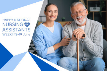 Senior man with stick and nurse at home