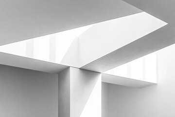 Minimalist interior space with large angular skylights allowing natural light to create sharp geometric shadows and highlights on white walls and ceiling