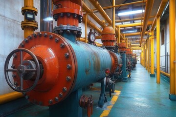 Industrial machinery with large rusted cylindrical pipes and valves in a spacious factory interior with yellow structural beams and blue flooring under artificial lighting