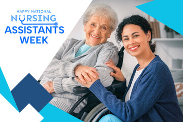 Young African-American female medical worker with elderly woman on wheelchair in nursing home