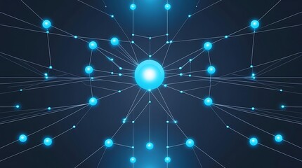 Obraz premium High-tech glowing blue neural network visualization with interconnected spheres and data lines, representing artificial intelligence, machine learning, and futuristic systems 