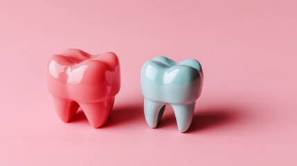 Two teeth and a red heart on a pastel background celebrating oral care for Valentineâ€™s Day. 