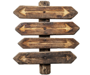 Directional wooden signpost nature focus rustic environment view isolated on transparent background