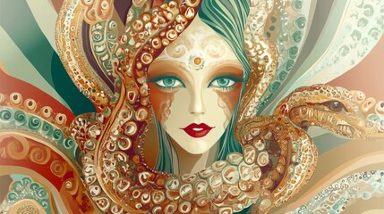 Vector illustration of a womanâ€™s head intertwined with a snake. 