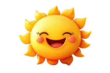 Bright and cheerful smiling sun icon with rays shining out, perfect for summer themes, illustrations, or children's artwork in a vibrant, eye-catching style