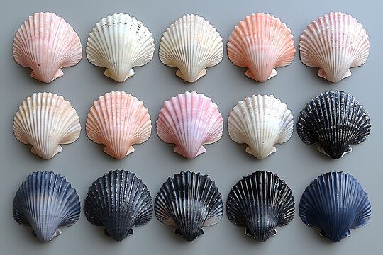 Colorful scallop shells arranged in grid