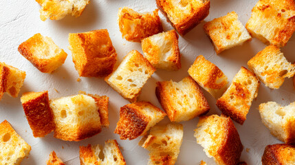 Delicious crispy croutons on white table, closeup. Space for text