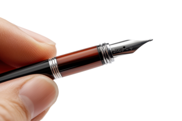Holding a fountain pen with a shiny nib, designed for elegant writing and drawing on a transparent background for creative projects and designs