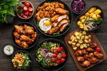 Assorted dishes on a wooden table showcasing various meal options. use for restaurant menus, food blogs, or culinary presentations.