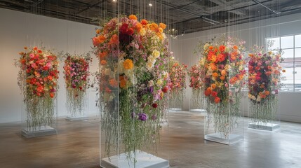 Floral art installations in a modern gallery space.