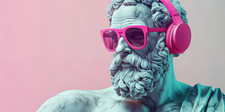 Marble statue of Socrates adorned with bright pink headphones and oversized sunglasses, blending classical and contemporary styles in art