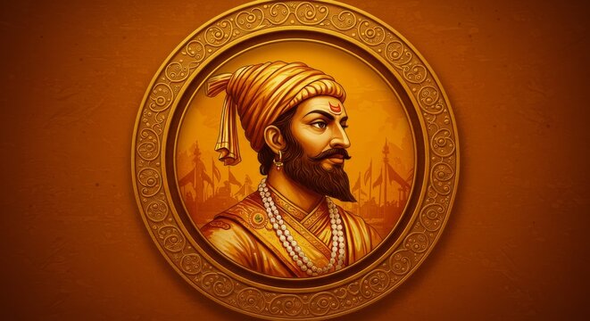 Portrait of Maratha King Chhatrapati Shivaji Maharaj in a Golden Ornamental Frame