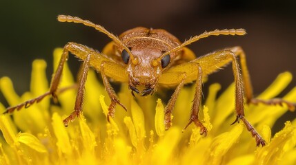 Fototapeta premium Close-up view of a beetle resting on a dandelion.