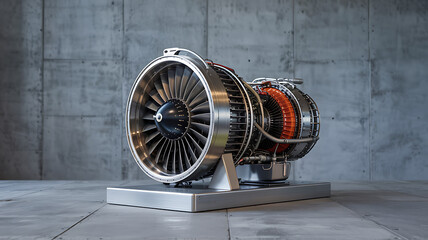Jet engine on display in a modern industrial setting highlighting engineering excellence