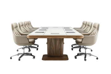 Modern conference table with sleek design and comfortable chairs arranged for meetings in a corporate setting