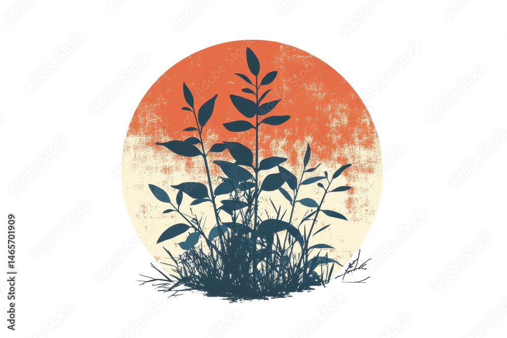 Poster stylized plant silhouette against a circular background with warm colors, representing nature and tr
