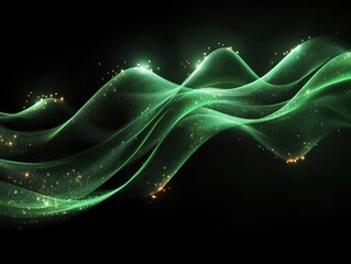 Flowing translucent green wave with glowing particles on black background, creating a sense of motion and energy